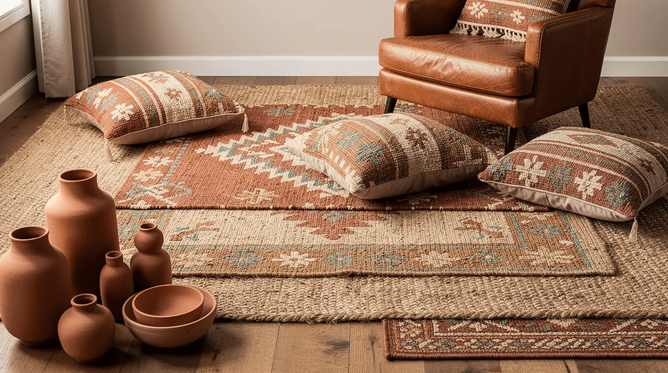 f9942d3c-d6f1-4557-8491-a4844b6c56b4 - Ranch Style Homes USA The image showcases a cozy boho ranch style interior featuring layered jute and patterned Southwestern rugs, complemented by woven pillows, a leather chair, and rustic clay pottery, creating a charming and stylish space filled with texture and warmth.