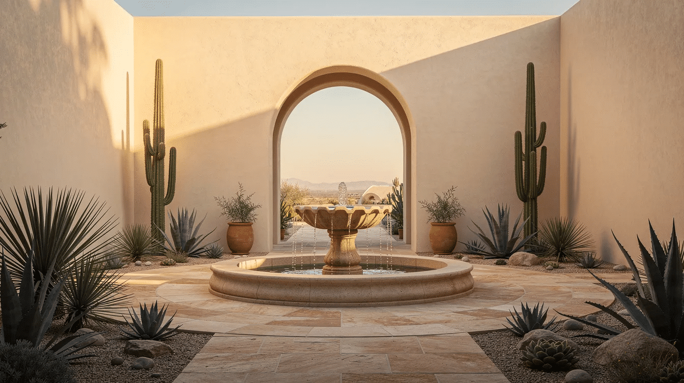 f99b2815-c365-4f0c-8e63-ebd43274ad91 - Ranch Style Homes USA The image depicts a charming courtyard featuring a beautiful fountain surrounded by stucco walls, with an arched entrance leading into the space. The landscaping includes desert plants, characteristic of Spanish colonial architecture, creating a serene and inviting atmosphere reminiscent of traditional Spanish style homes.
