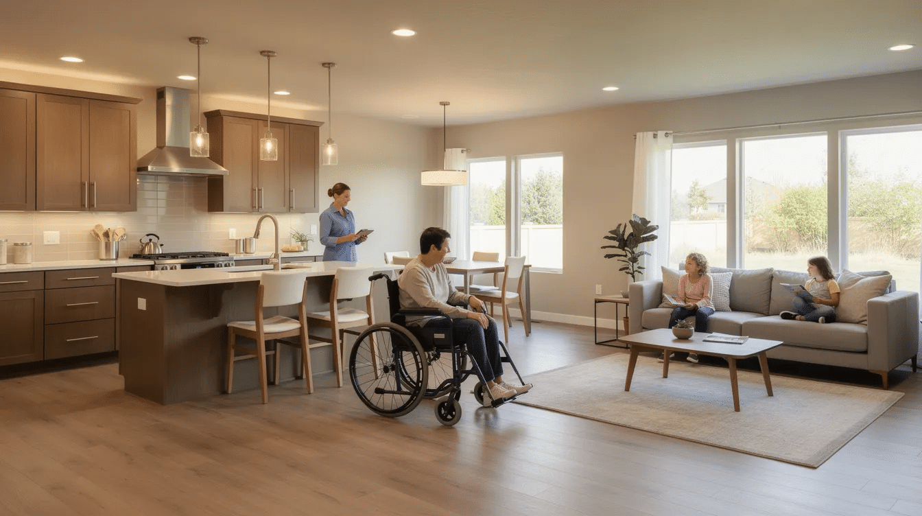 faf53011-fc96-411b-9048-3486384fe407 - Ranch Style Homes USA The image depicts an open concept ranch layout designed for wheelchair users, showcasing a spacious interior that allows for easy movement and a 5-foot turning radius. The layout connects the kitchen, dining room, and living room, reflecting accessible house plans that prioritize mobility and ADA compliance for enhanced family interactions and comfort.