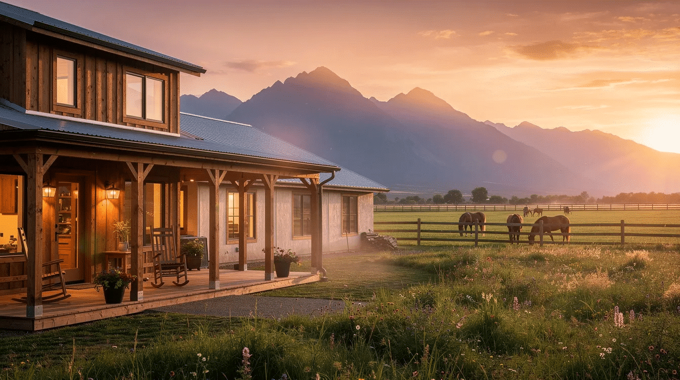 fec53337-daae-4d8a-b64a-1edae9546179 - Ranch Style Homes USA A rustic ranch home sits at sunset, surrounded by majestic mountains and a lush pasture where horses roam freely. The wide porch invites relaxation, embodying the essence of country life and the simplicity of the frontier.
