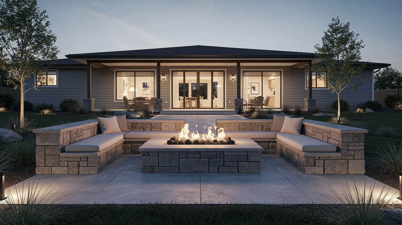 fee272ab-22d6-4015-81fa-22fcc3ee9c15 - Ranch Style Homes USA The image features a rectangular natural stone fire pit surrounded by built-in bench seating in a ranch-style backyard, creating a cozy outdoor fire pit area. This inviting space highlights rustic elements and is perfect for gatherings, with a clean surface and ample seating for relaxation.