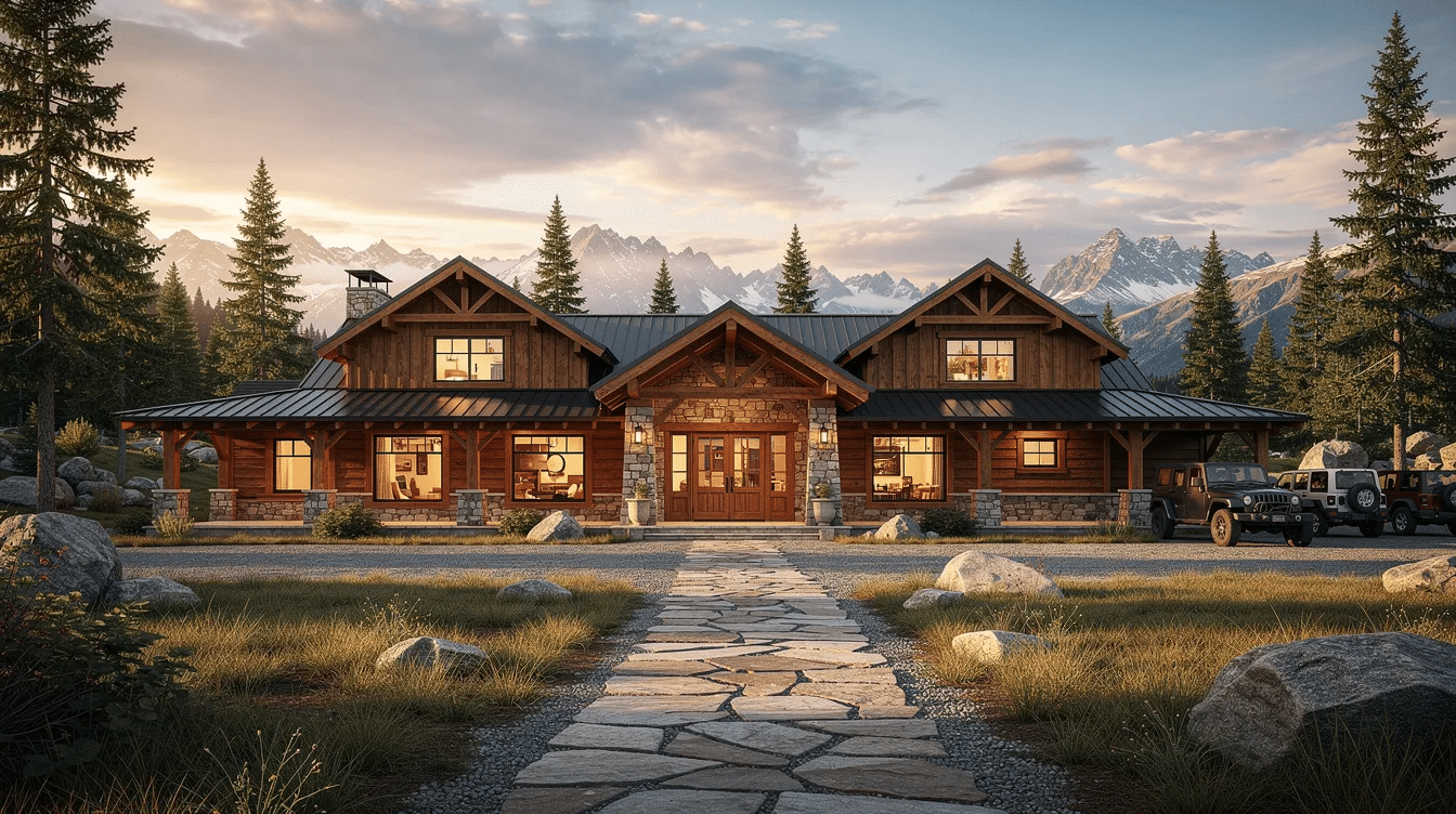 199a460d-db89-409b-94b3-f1d8a0cdf97c - Ranch Style Homes USA The image depicts a stunning mountain lodge style ranch, showcasing rustic charm with its wood siding and stone accents. The house features large windows that allow natural light to flood the open floor plan, complemented by extensive covered porches ideal for enjoying the surrounding landscape.
