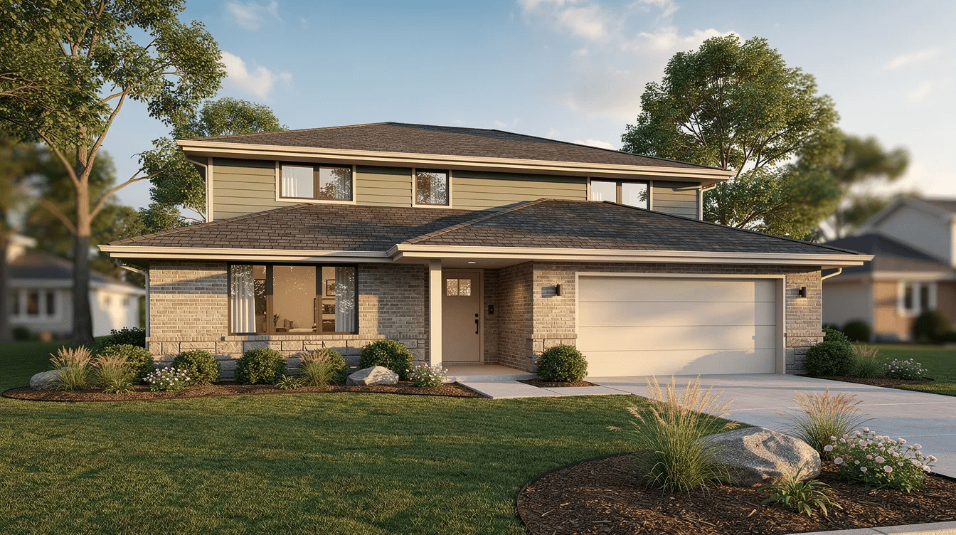 25510fc6-d7e1-4059-a5ae-b0995e533944 - Ranch Style Homes USA The image depicts a split-level ranch house with a staggered roofline and an entry-level front door, surrounded by a beautifully landscaped yard. Key features include large windows that allow natural light to fill the interior, showcasing the modern ranch style architecture typical of suburban ranch homes.