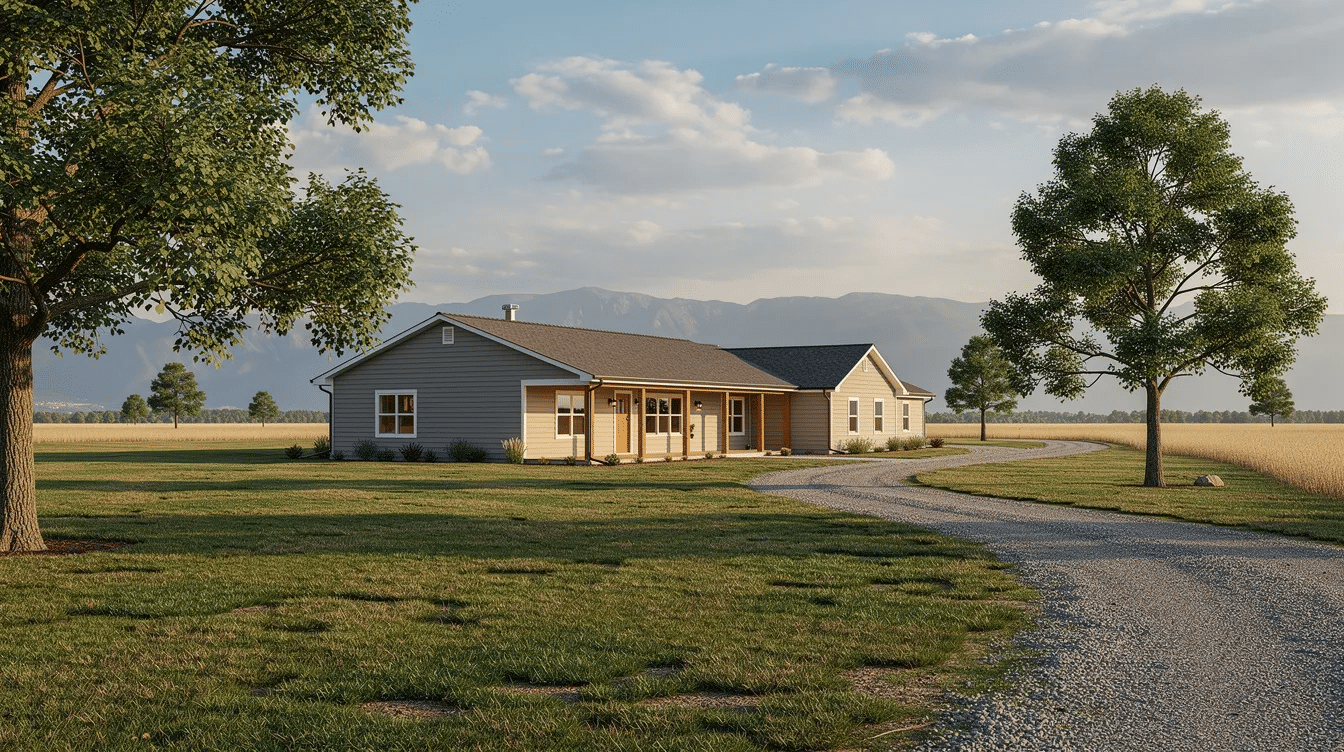 2a33f457-96a5-4f93-a9f1-ea3a3ba15deb - Ranch Style Homes USA The image depicts a modern ranch style house featuring a low pitched roof, large windows, and sliding glass doors that open to a spacious backyard. This single story layout showcases an open floor plan, ideal for young families, with a seamless flow between the living, dining, and kitchen areas.