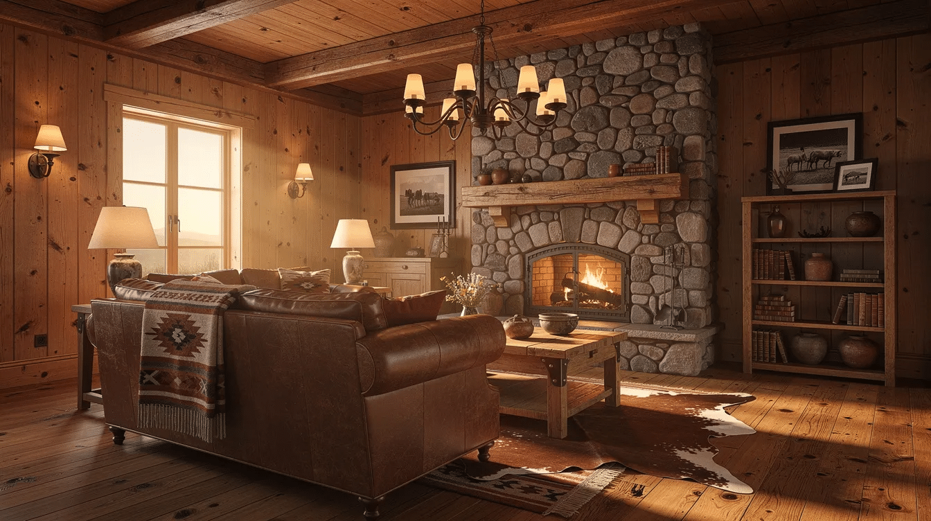 45573900-a852-4c89-9a38-273141d959b3 - Ranch Style Homes USA The image depicts the interior of a rustic ranch living room featuring exposed wood beams, a cozy stone fireplace, and wide plank flooring that enhances the room's rustic charm. Large windows allow for abundant natural light, creating a warm and inviting atmosphere in this open layout space.