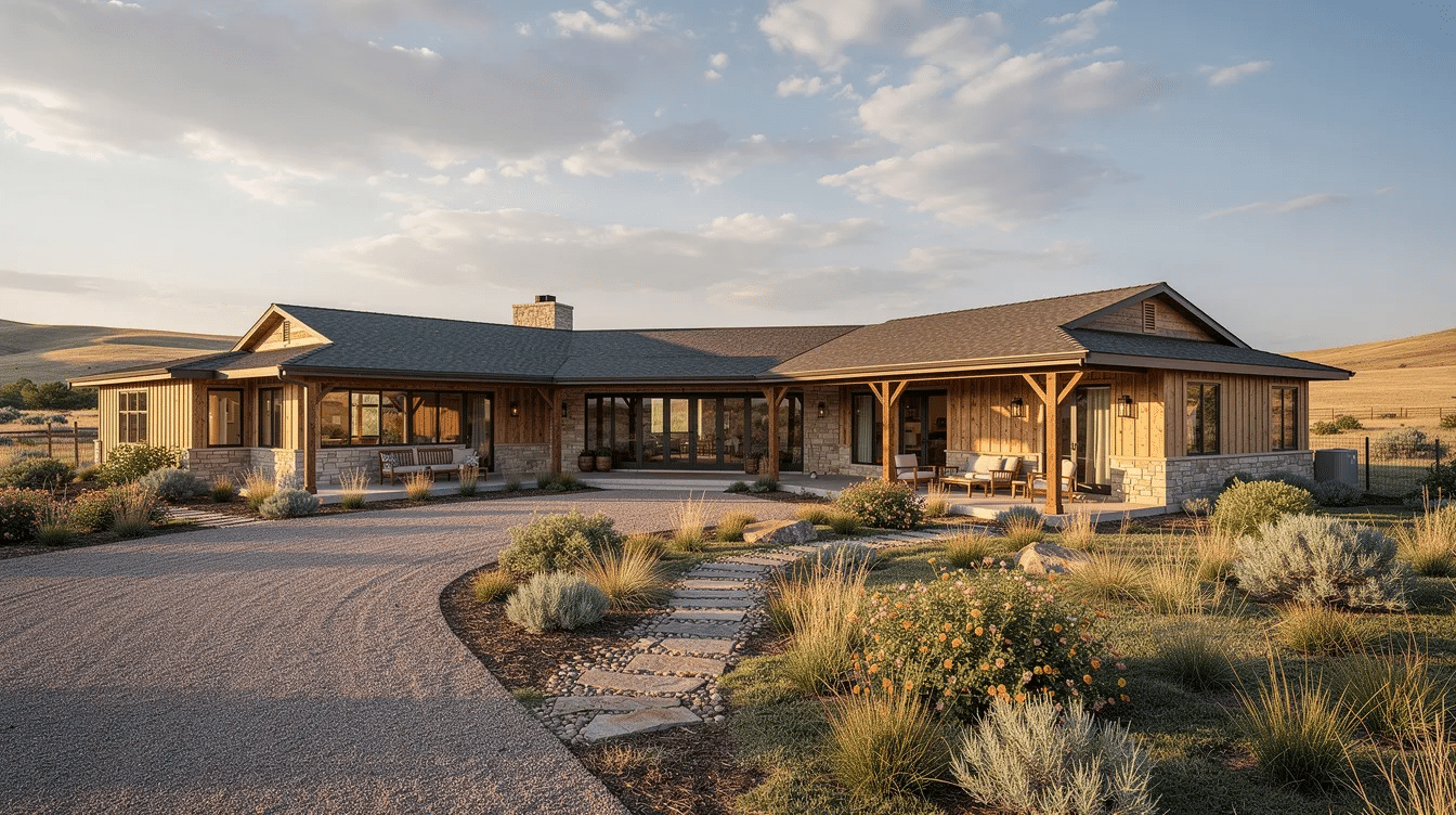 50493e41-3220-41af-8858-a6d7307d1f5b - Ranch Style Homes USA The image depicts a U-shaped sprawling ranch house, showcasing a modern ranch style with large windows that invite natural light into the open layout. The exterior features a brick facade, an attached garage, and beautifully landscaped outdoor spaces, ideal for entertaining and outdoor living.