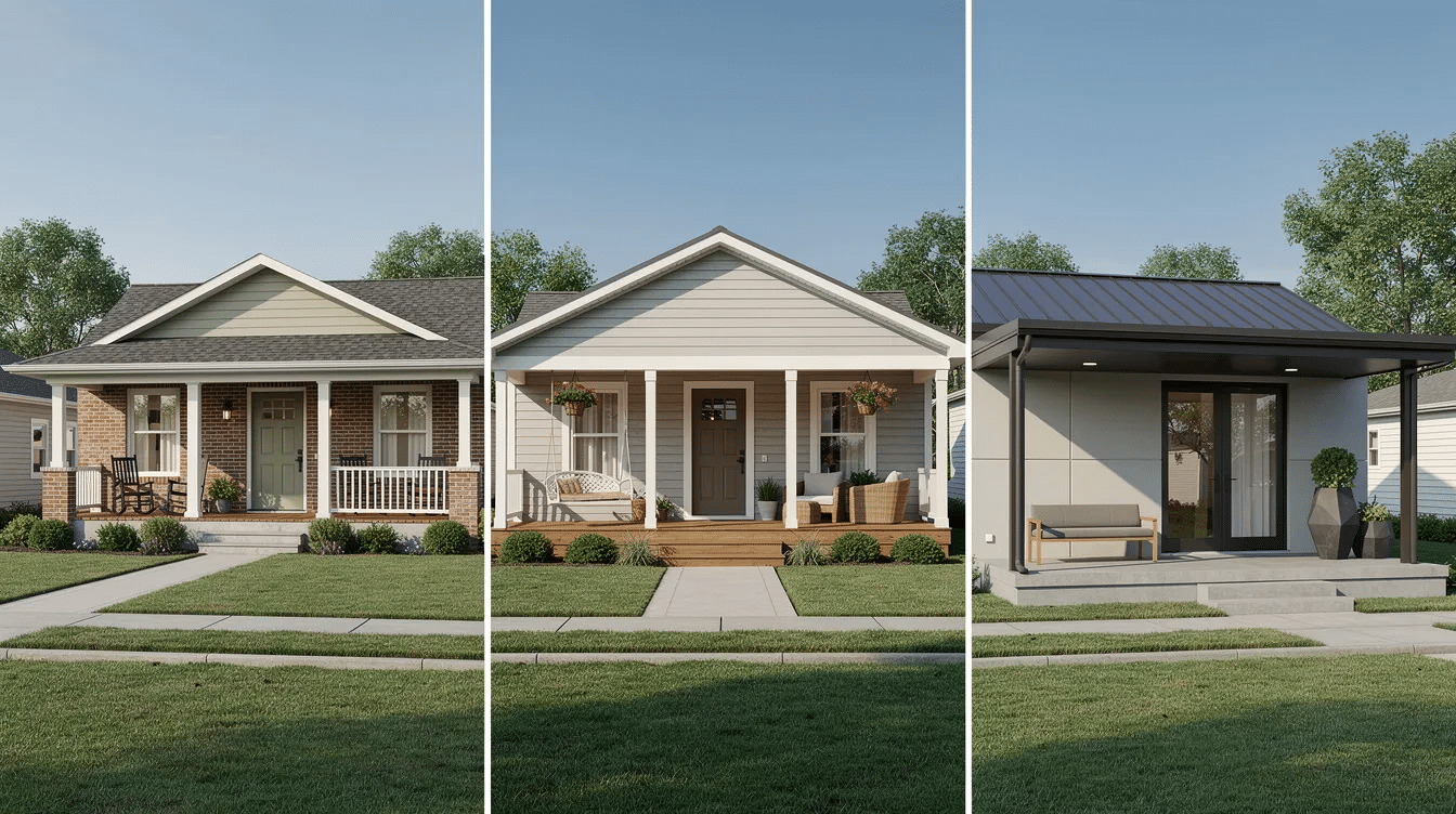 510844ae-a11a-4de7-af7b-a61fd2851a9c - Ranch Style Homes USA The image features a side-by-side comparison of three distinct ranch style homes, showcasing traditional, wraparound, and modern porch designs. Each ranch house plan highlights unique outdoor living spaces, enhancing curb appeal with various architectural elements such as covered porches and inviting front entries.