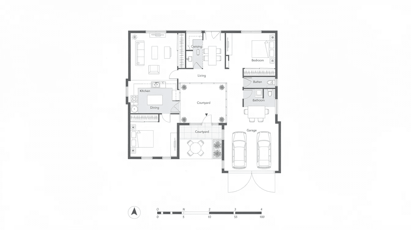 60b6e5c8-b3c5-4e4d-bcad-5ba3526ff3ea - Ranch Style Homes USA This top-down view showcases a U-shaped ranch house plan featuring a central private courtyard and an attached garage, emphasizing seamless indoor outdoor living. The layout promotes easy flow between living spaces, ideal for family gatherings and enjoying natural light in a single story home.