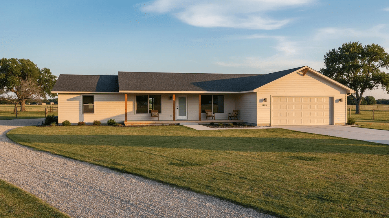62f6bd03-954e-4319-bb0b-842ec07866a5 - Ranch Style Homes USA The image depicts a modern ranch style house featuring a low pitched roof, large windows, and sliding glass doors that open to a spacious backyard. This single story layout showcases an open floor plan, ideal for young families, with a seamless flow between the living, dining, and kitchen areas.