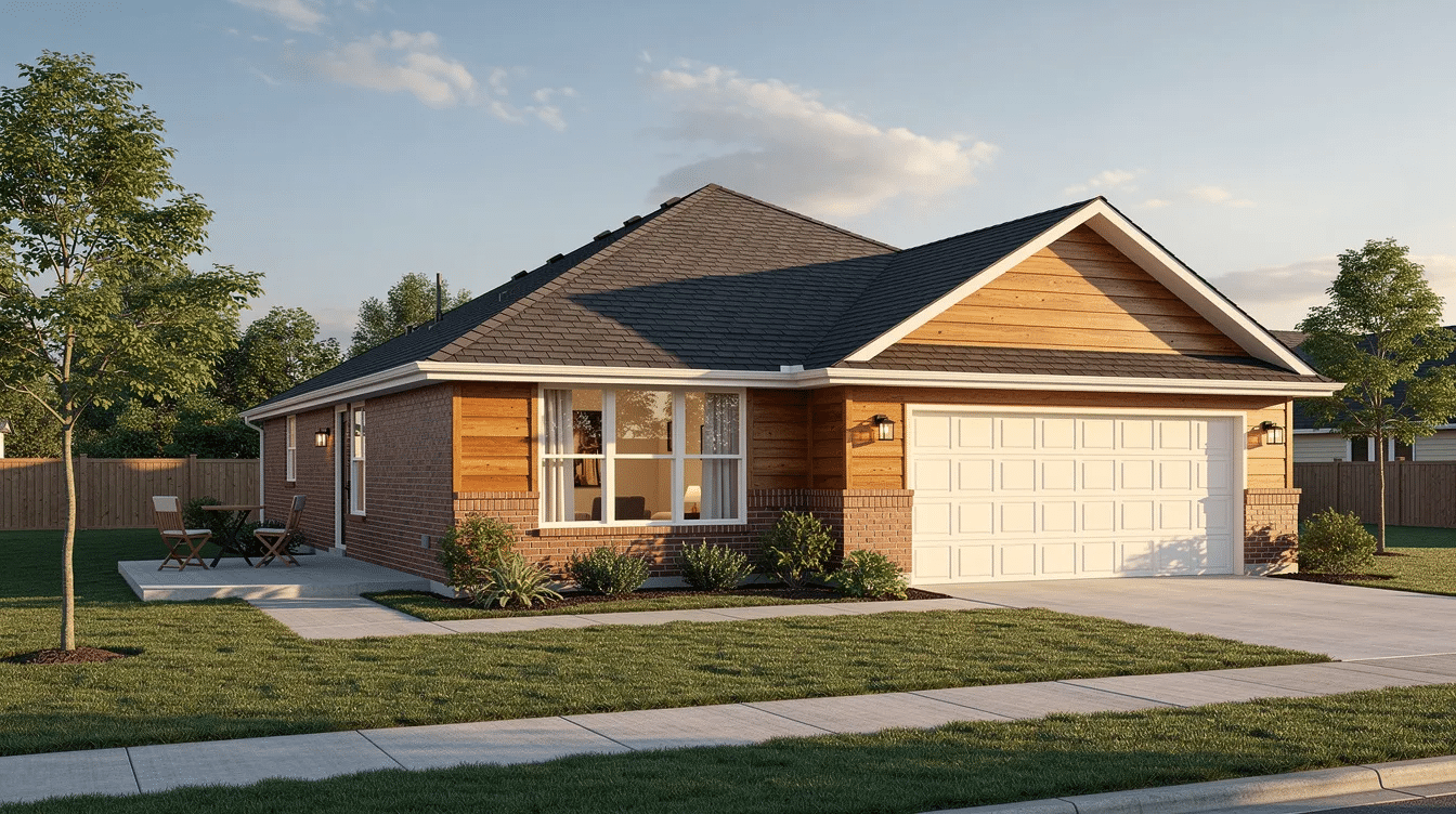 635e48b4-1901-4941-8a85-b53251aa6304 - Ranch Style Homes USA The image depicts a newly built traditional ranch style home featuring a gabled roof, a combination of brick and wood siding, and an attached two-car garage. A patio can be seen along the side, enhancing the outdoor living spaces of this single story layout.