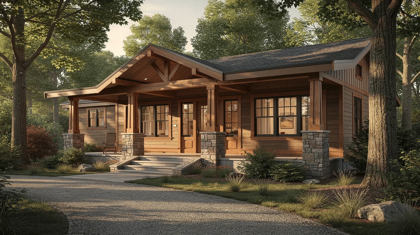 795bdf5d-d903-4ece-8417-830f08a2ba77 - Ranch Style Homes USA The image depicts a craftsman-style rustic ranch house featuring a wide covered porch supported by stone column bases, surrounded by mature trees that enhance its natural charm. This single-story home showcases extensive porches and large windows, inviting natural light into the open layout.