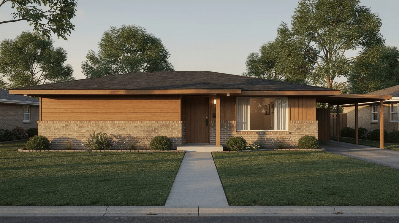 7cc2fe41-73d4-452d-af80-9b0dc0c084a5 - Ranch Style Homes USA The image depicts a long, low single-story ranch home featuring a combination of brick and wood exterior, wide eaves, and large picture windows, set against a well-manicured front lawn in a suburban neighborhood. This traditional ranch style house showcases the charm of suburban living with its seamless indoor-outdoor flow and inviting curb appeal.