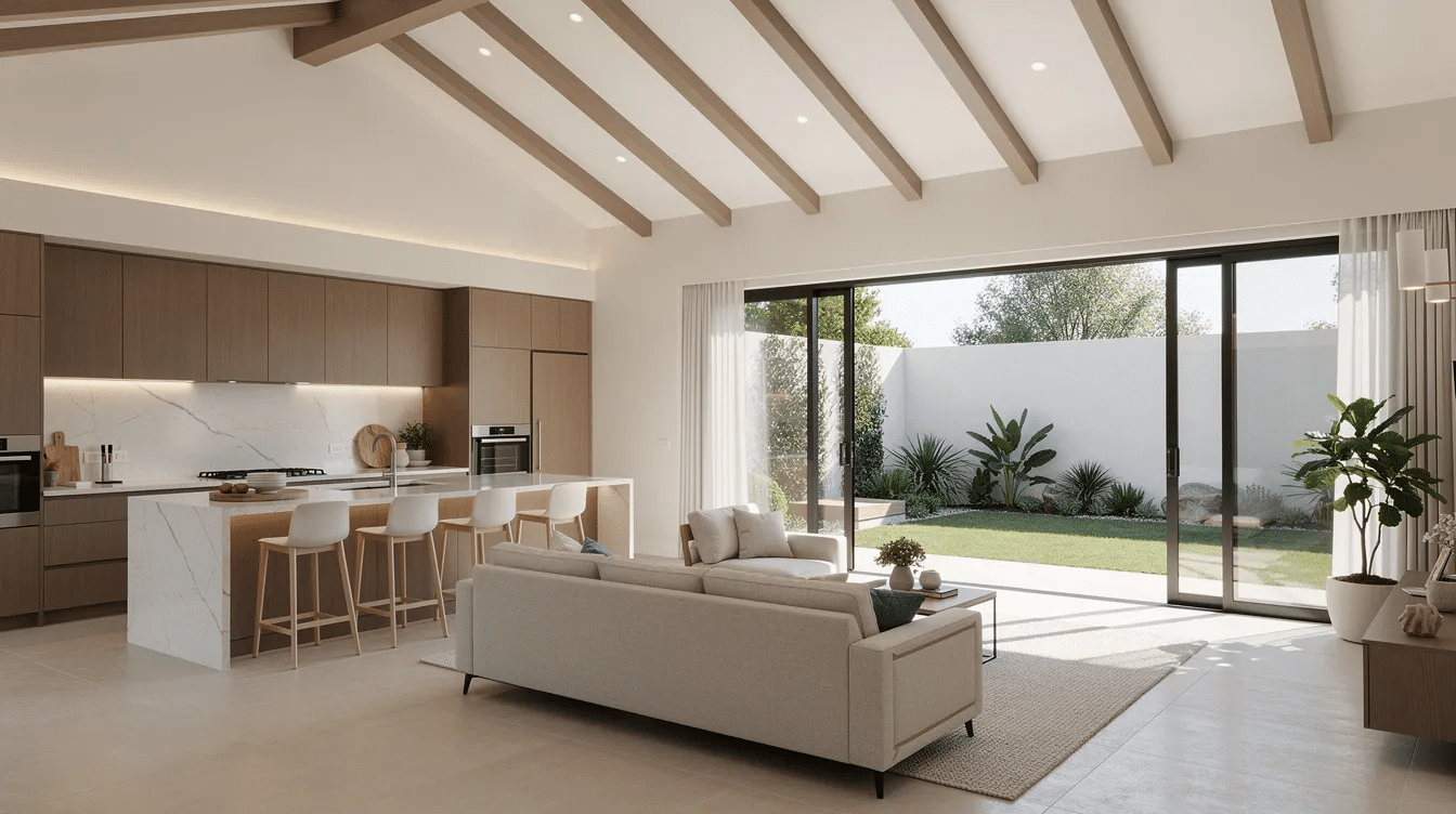 855d14ed-bf67-4bdc-bd78-8d5bea5b9ad7 - Ranch Style Homes USA The image showcases an interior view of a spacious open-concept kitchen and living room in a modern ranch-style home, featuring a vaulted ceiling and large sliding glass doors that seamlessly connect to a beautifully landscaped courtyard, allowing for abundant natural light and outdoor living opportunities. The open layout creates an inviting atmosphere, ideal for entertaining and enjoying life in this sprawling ranch house.