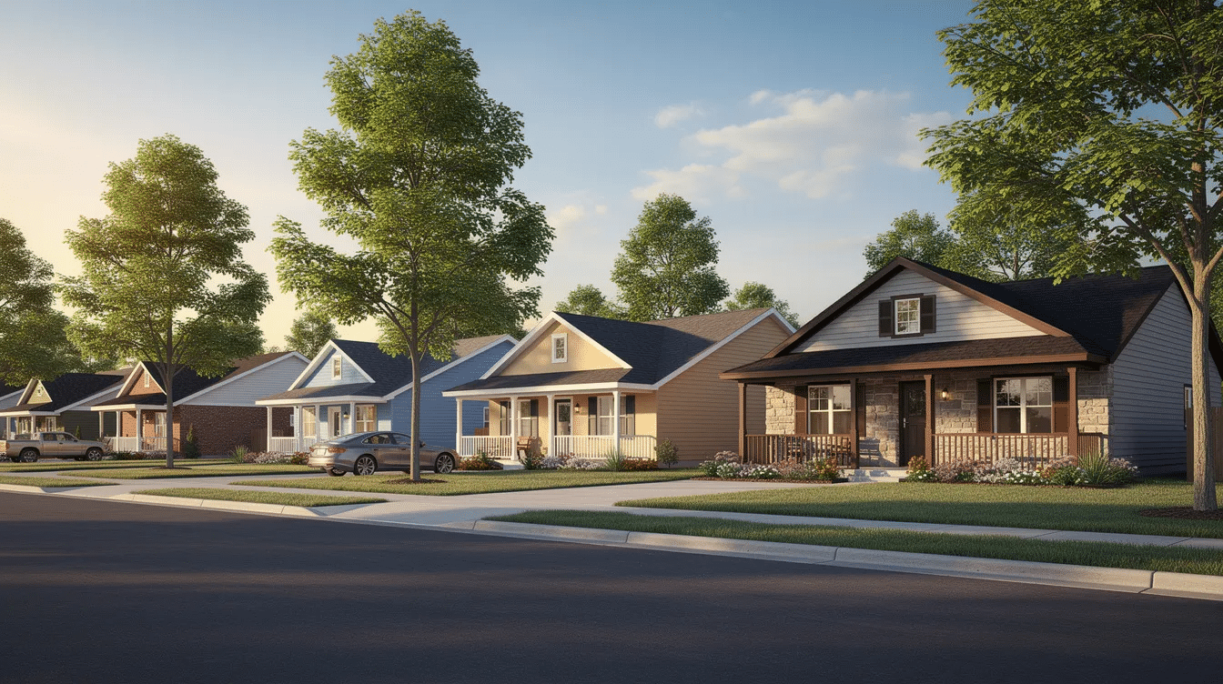 891113df-c8d4-422e-a549-db73853c2379 - Ranch Style Homes USA The image depicts a row of diverse traditional ranch style homes, showcasing various materials and colors, set along a tree-lined suburban street. Each ranch house features large windows and distinct architectural styles, contributing to the neighborhood's charming curb appeal.