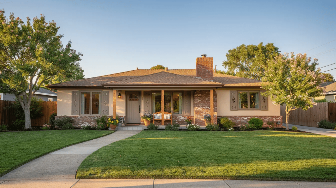 8e73c3d0-5fe8-430a-b853-0894e3f2c272 - Ranch Style Homes USA The image depicts a charming storybook ranch house with a low pitched roof and large windows that invite natural light into the open floor plan. Surrounded by a well-kept backyard, this traditional ranch style home features a cozy porch and an attached garage, showcasing key characteristics of ranch style architecture.