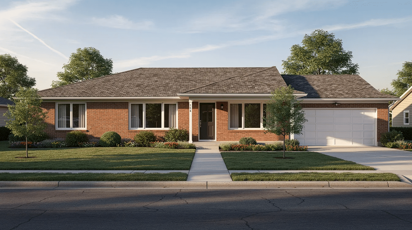 959d3c49-f118-41f4-a867-62c4dde04633 - Ranch Style Homes USA The image depicts a classic single-story ranch house featuring a long horizontal facade with a brick exterior, complemented by a neatly landscaped front yard. This traditional ranch style home showcases large windows that invite natural light, embodying the essence of suburban ranch architecture.