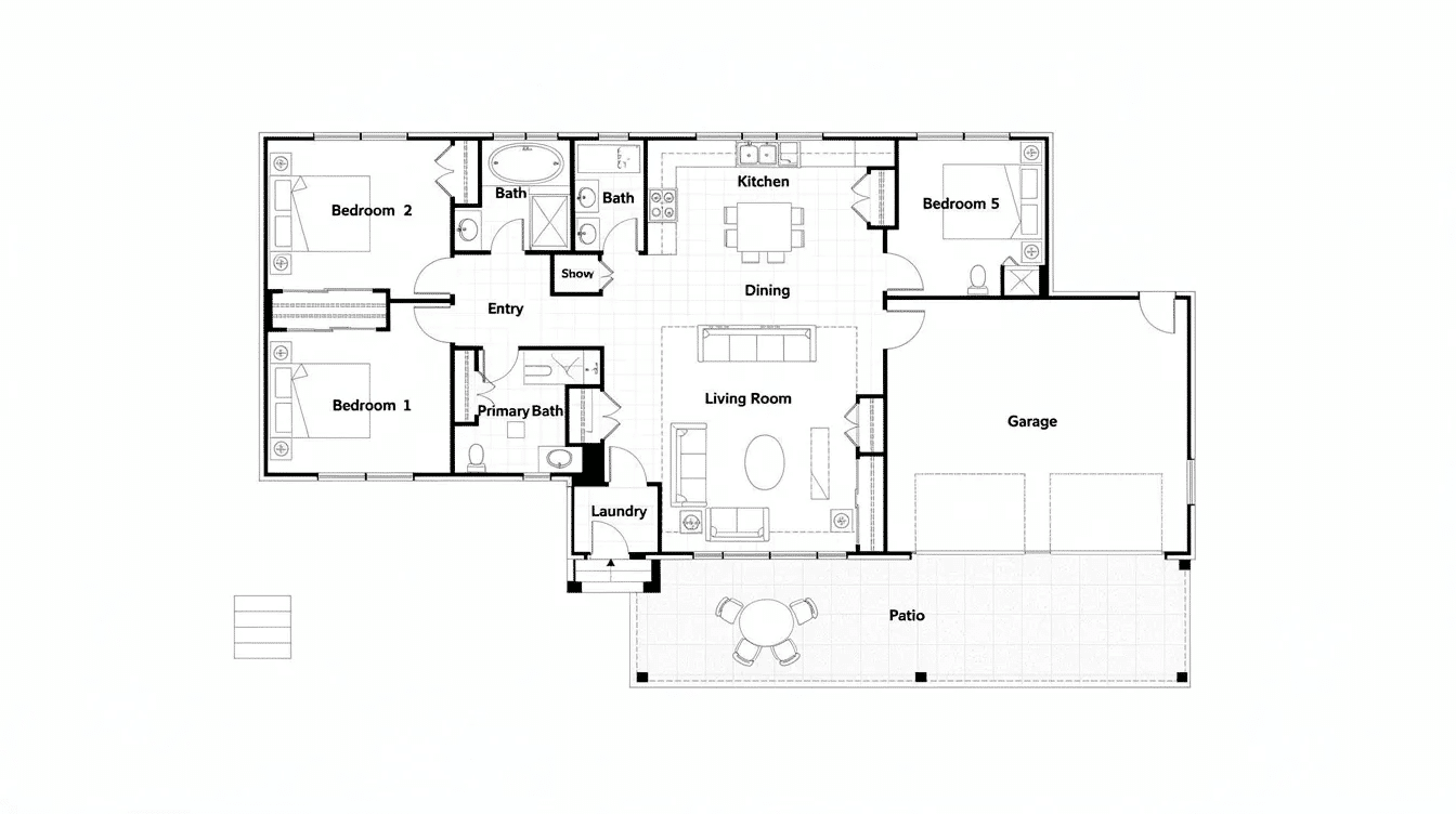 9664d303-0549-4f21-bd58-b9456f5c2c2d - Ranch Style Homes USA The image depicts a top-down floor plan of an L-shaped ranch home featuring a split bedroom layout, which enhances privacy for family members. The design includes a spacious great room and seamless indoor-outdoor living with access to a rear patio, showcasing the classic ranch charm and open concept layout ideal for family gatherings.