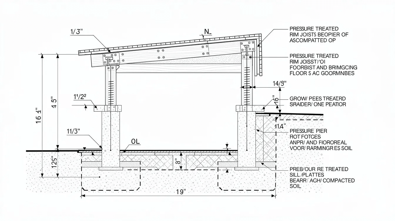 a1a9da25-5c36-4782-9ae4-1f08a261b451 - Ranch Style Homes USA The image shows a detailed view of a ranch home foundation, highlighting concrete pier footings and pressure-treated framing. This construction detail emphasizes the sturdy base of the ranch style house, which is designed for an open floor plan and outdoor living space.