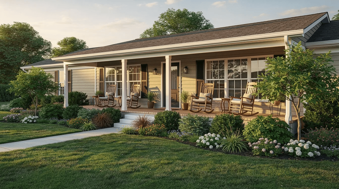 a655f28b-915c-458e-b070-0c39eec303c5 - Ranch Style Homes USA This image depicts a wide, single-story ranch style home featuring a deep covered front porch adorned with rocking chairs, surrounded by lush green landscaping that enhances its curb appeal. The open floor plan and inviting outdoor living space create a welcoming atmosphere for family and friends.
