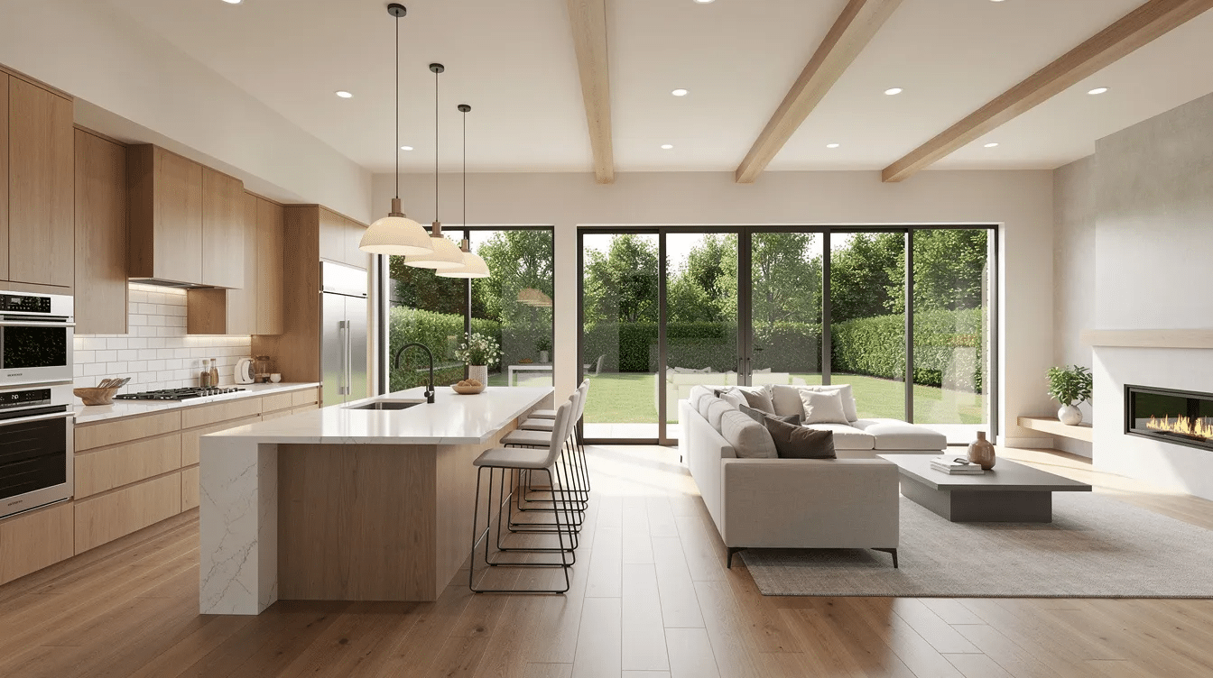 b7dc6028-fff4-40ab-a050-65e43b92a13a - Ranch Style Homes USA The image depicts an open-concept kitchen and great room in a ranch style house, featuring a large island and high ceilings. Wide windows allow natural light to flood the space, offering a view of the backyard, enhancing the indoor-outdoor living experience.