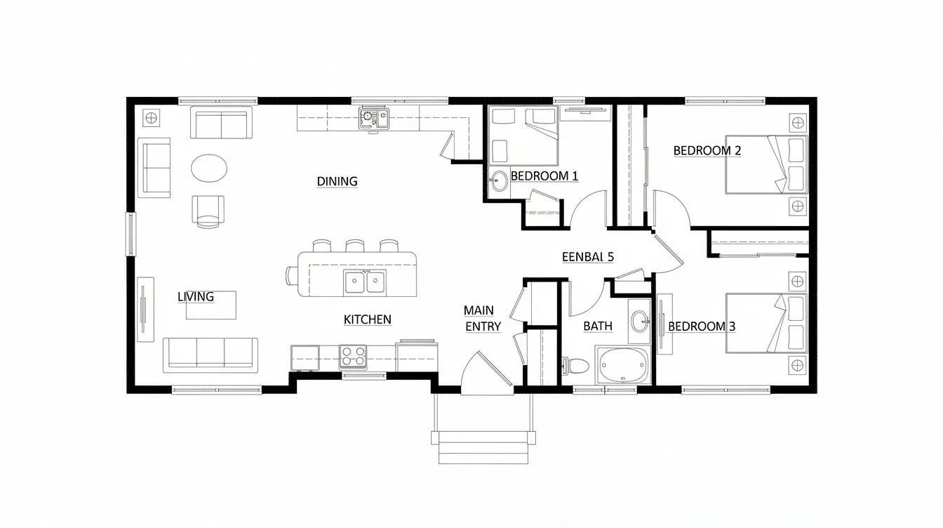 bf1be3b2-0daa-45c5-a501-e8cc5ad7b0a5 - Ranch Style Homes USA This top-down view of a ranch house floor plan showcases an open concept layout featuring spacious living areas, a great room, and three bedrooms, perfect for families seeking seamless indoor outdoor living. The design emphasizes natural light and easy flow, characteristic of classic ranch charm and single story living.