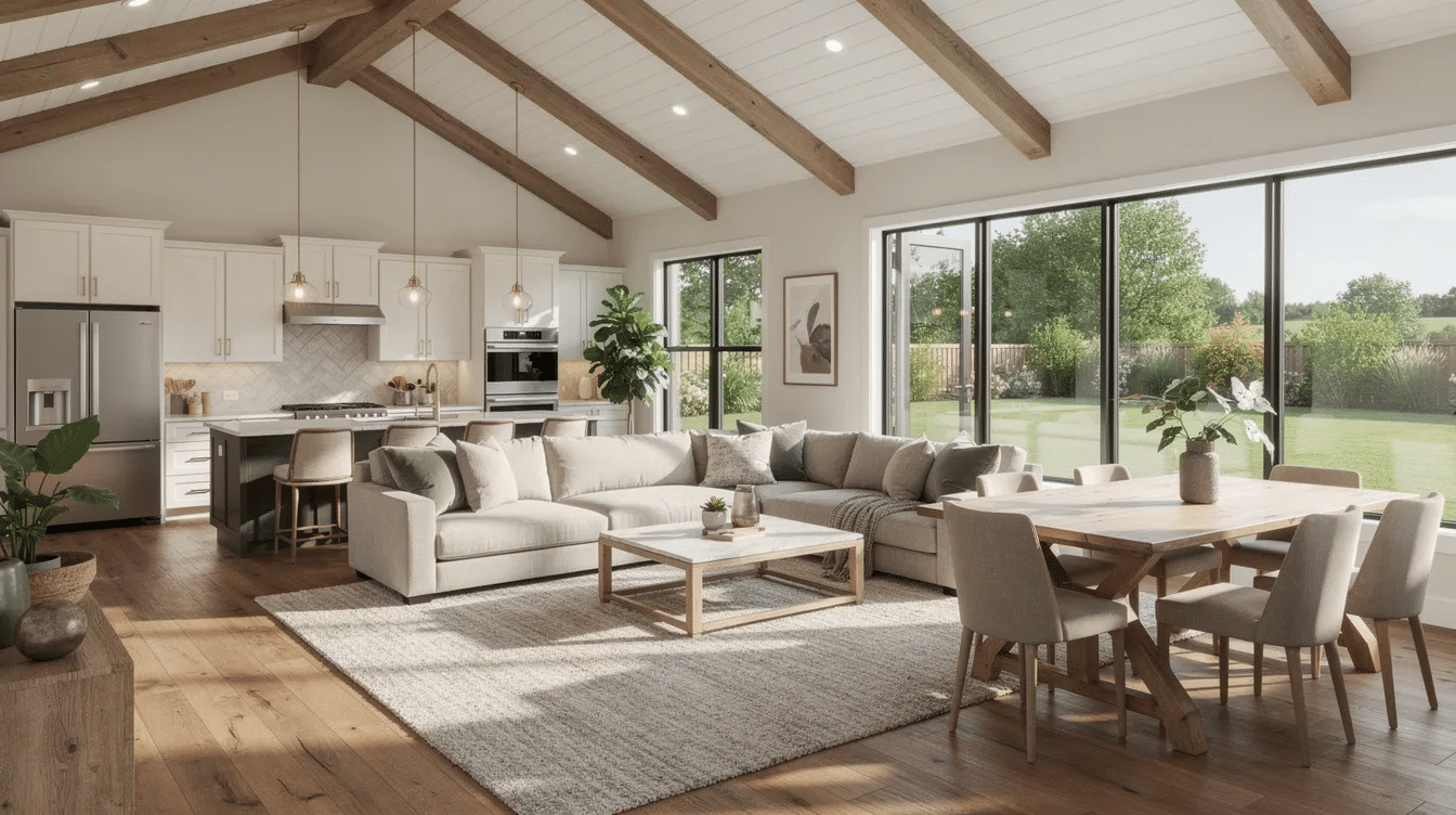 c8e0a7d0-f83e-47b2-a7b5-a531593e2fff - Ranch Style Homes USA The image depicts the interior of a ranch style house featuring an open concept living area with vaulted ceilings and large picture windows that flood the space with natural light. The layout seamlessly connects the living area to a modern kitchen and dining space, exemplifying the charm of ranch homes and their emphasis on indoor-outdoor living.