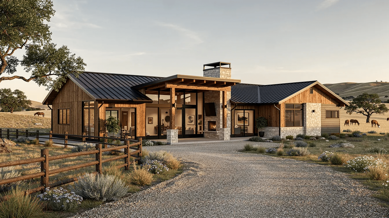 c9cd63b0-61a1-41f9-b157-3a271c5522b9 - Ranch Style Homes USA The image depicts a modern rustic ranch house featuring a combination of stone and wood siding, large windows that allow natural light to flood the open layout, and extensive covered porches that enhance its rustic charm. This two-story home showcases cathedral ceilings and an attached garage, making it perfect for homeowners seeking a stylish yet functional space in a country setting.