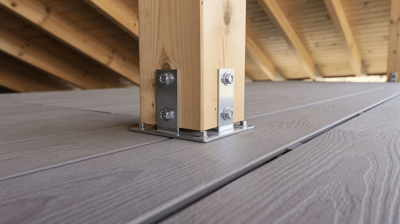 d759564f-b5f2-4339-80a5-69c4af1a04f7 - Ranch Style Homes USA The image features a close-up view of a porch post and beam construction, showcasing composite decking and a sloped ceiling that enhances the outdoor living space of a ranch style house. The intricate details highlight the craftsmanship involved in creating a welcoming front porch, perfect for relaxation and enjoying the surrounding landscaping.
