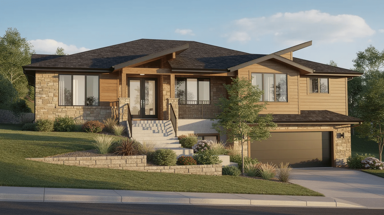 e9c15133-5a3e-493d-859e-2b5b47460f45 - Ranch Style Homes USA This image features a split-level ranch home characterized by staggered rooflines and a combination of stone and wood siding, set on a gently sloping lot with a beautifully landscaped front yard. The design embodies traditional ranch house style with large windows that invite abundant natural light, enhancing the home's curb appeal.