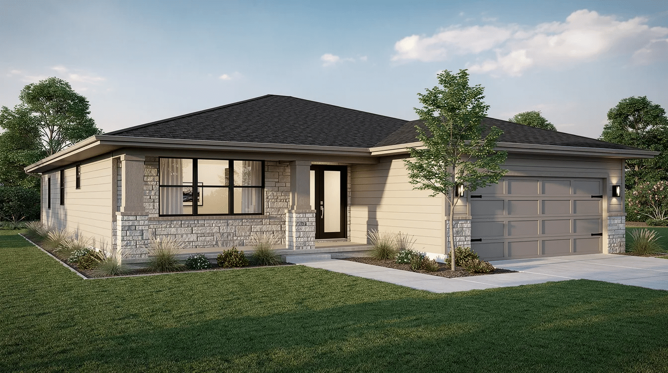 f394cfdb-cfe0-4df4-92aa-bacb26af7b7c - Ranch Style Homes USA The image depicts a modern ranch-style home with horizontal siding and stone accents, featuring a low roofline and an attached garage, all set on a suburban lot. This single-story design emphasizes open layouts and large windows, allowing for ample natural light and a welcoming outdoor living space.