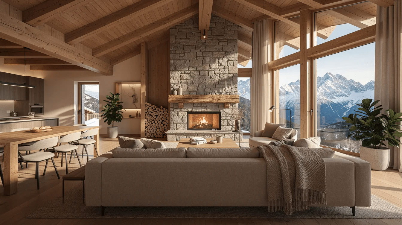 0a2e0cf9-8fa9-440a-b333-36a9b3f5aab4 - Ranch Style Homes USA The image depicts an open-concept great room in a new log home, featuring exposed wooden beams and large windows that frame stunning mountain views. A cozy stone fireplace adds warmth to the space, creating a perfect gathering area for family and friends in a traditional western style.