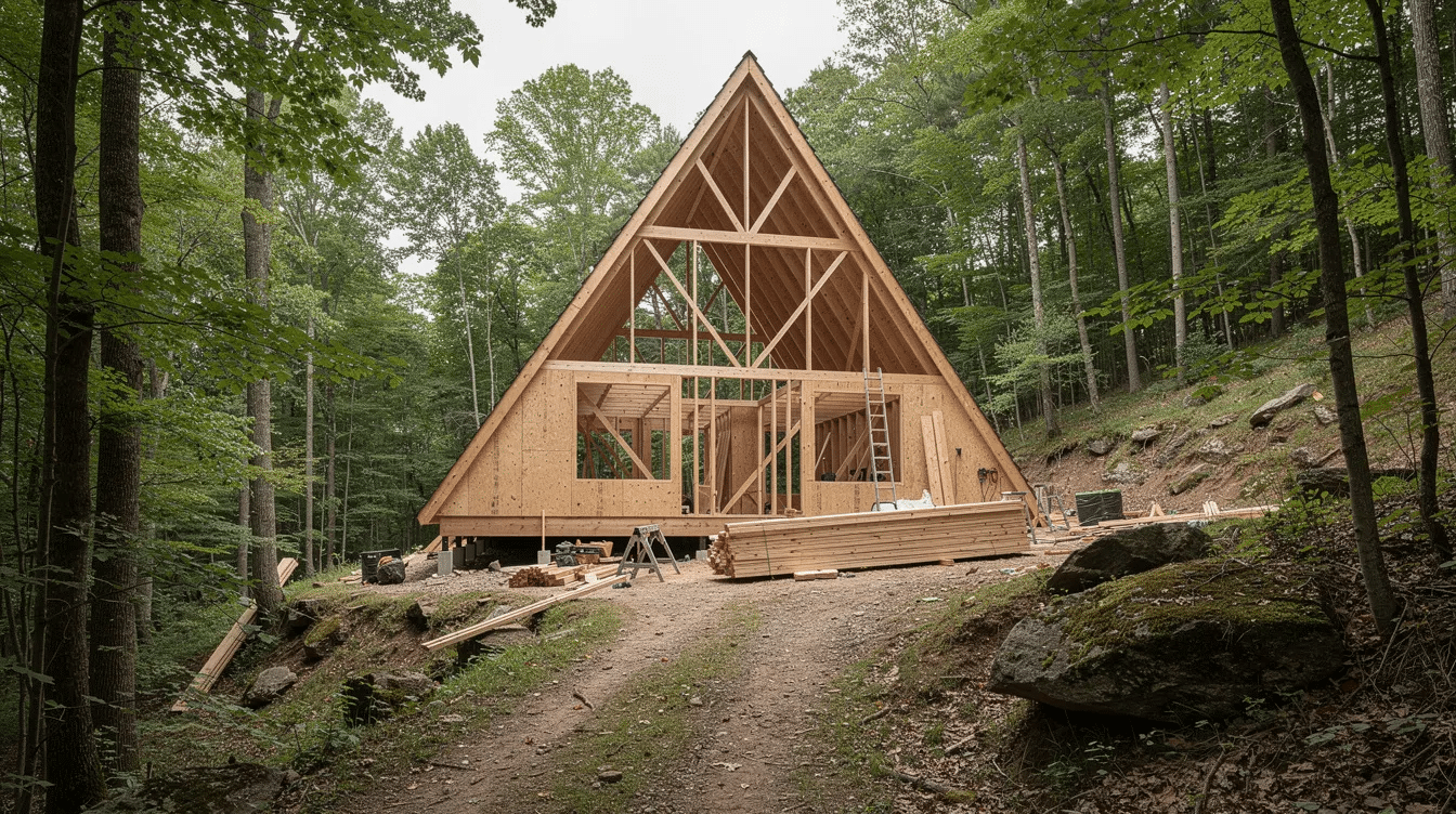 1f1ec062-ca1e-427f-9939-046249132357 - Ranch Style Homes USA An A-frame house is currently under construction on a wooded hillside, showcasing exposed timber framing and a steep roof. The design features large windows that invite natural light into the living space, emphasizing its unique shape and energy-efficient structure.