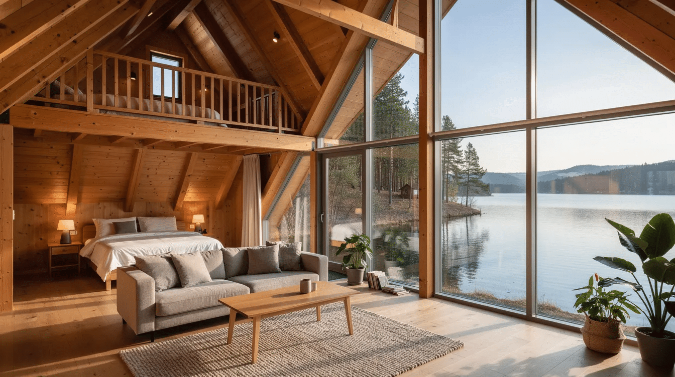 207688c0-0b9b-4b31-bda7-41c1daf57cd2 - Ranch Style Homes USA The interior of an A-frame house features a vaulted wooden ceiling and sloped walls, creating a spacious living space filled with natural light from large glass windows that overlook a serene lake. A loft bedroom is visible above, adding to the unique charm of this timber frame home, designed for energy efficiency and comfort.