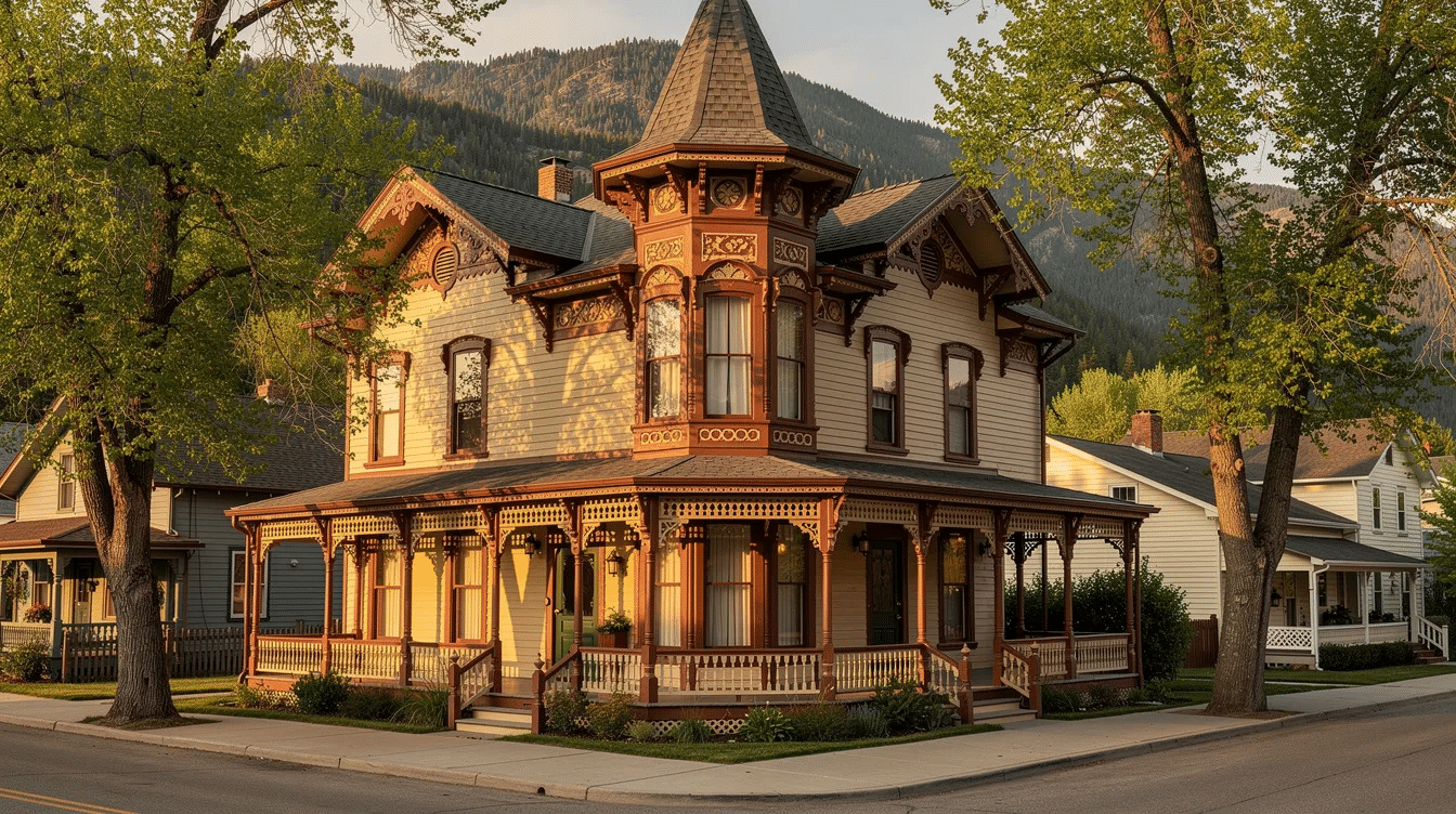 2ac9812c-b4ac-4faa-b2da-eb7d23265955 - Ranch Style Homes USA The image depicts an ornate Victorian house with intricate decorative woodwork and a prominent tower, situated on a tree-lined street in a quaint mountain town. This charming home, reminiscent of traditional western architecture, embodies a timeless style that invites inspiration and admiration.