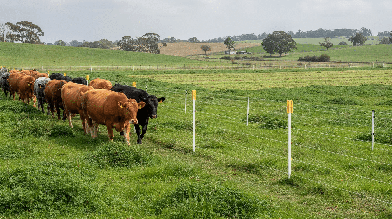 2ba1cc19-1d42-4fca-ad08-9ad784f27fdc - Ranch Style Homes USA A herd of beef cattle is moving through a lush green pasture within a rotational grazing paddock, surrounded by portable electric fencing. This scene highlights the management practices in the cattle business, emphasizing the importance of proper grazing techniques for healthy livestock and land.