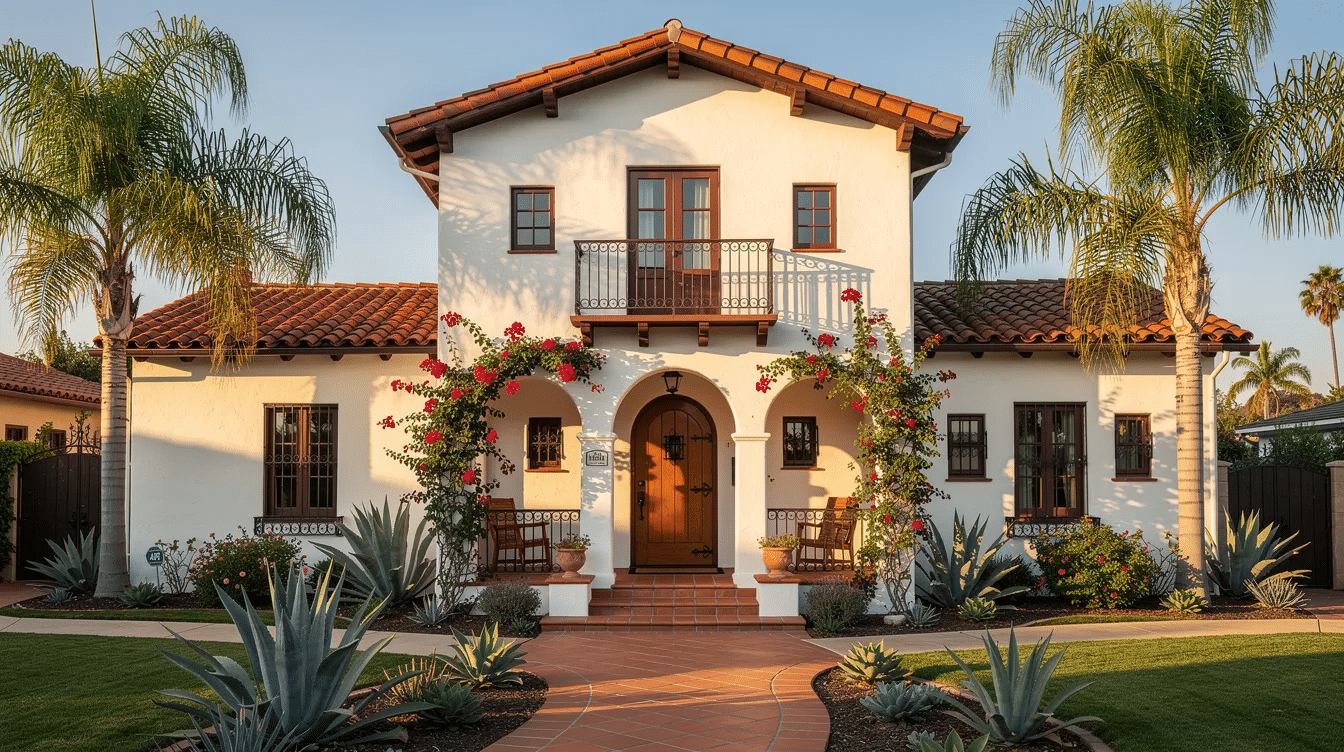 2c8d0f36-a515-4687-a3bc-acf110f1b561 - Ranch Style Homes USA The image features a Spanish Colonial Revival house, showcasing the timeless southwestern style with its stucco exterior, flat roof, and wooden beams. Surrounded by a desert landscape, this architectural design pays homage to traditional pueblo style homes, reflecting the rich cultural heritage of the American Southwest.