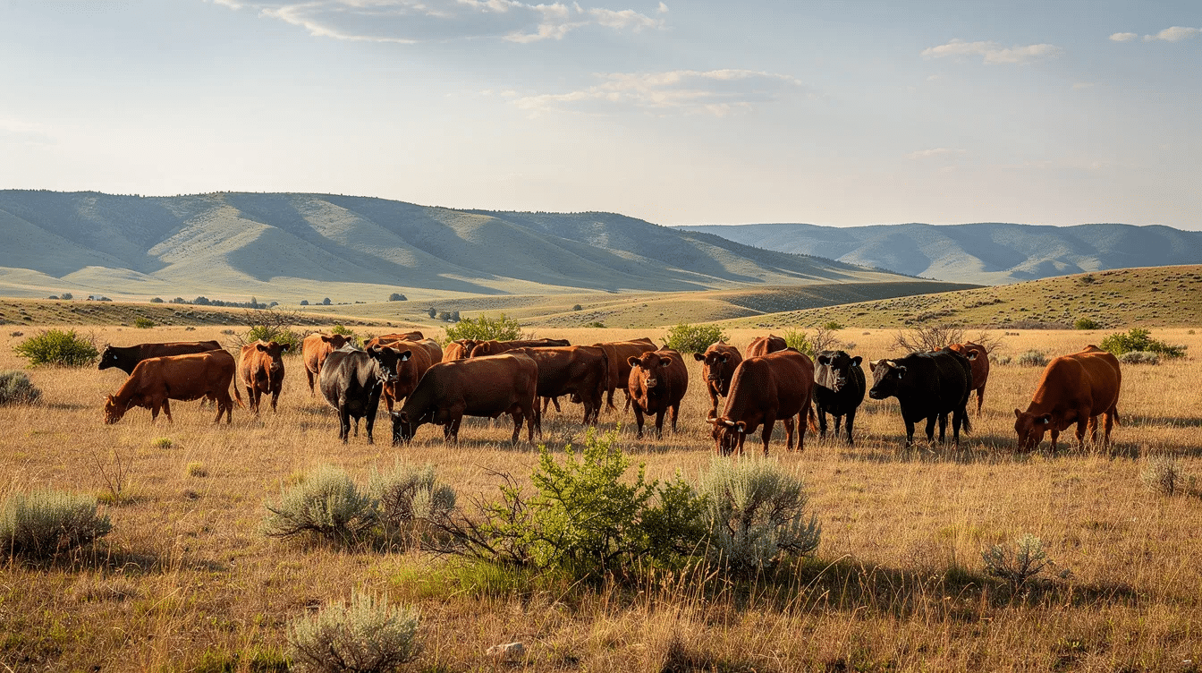 302528be-9587-41c4-916e-295c4d38632a - Ranch Style Homes USA A serene scene of cattle grazing on expansive open rangeland, with gentle rolling hills creating a picturesque backdrop. This image reflects the rich history of ranch life, showcasing the connection between farmers and their land.