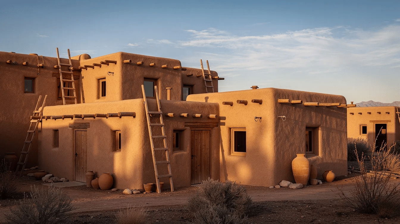3b97dc0a-54e2-4077-98c3-77e32338dafe - Ranch Style Homes USA The image features traditional pueblo style homes, characterized by their adobe exteriors and flat roofs, set against a warm desert landscape typical of the American Southwest. These southwestern style houses reflect a rich history and cultural heritage, showcasing unique architectural elements that blend seamlessly with their surroundings.