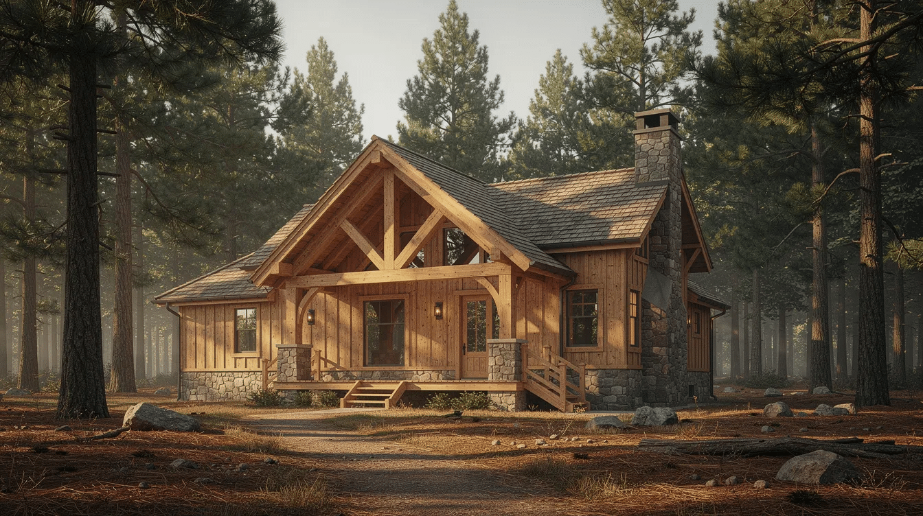 3c6c0770-4ee0-4d7c-9daa-ec9650fd5dc0 - Ranch Style Homes USA The image depicts a rustic timber frame home characterized by its exposed wooden beams and steep roof, nestled among tall pine trees. Large windows allow natural light to fill the living space, highlighting the unique shape and open floor plan of this charming frame house.