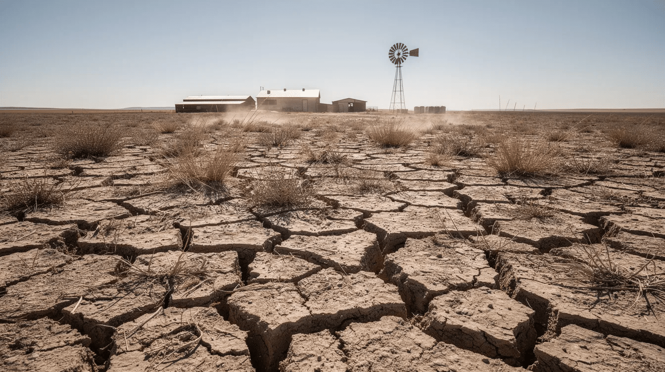 466b0a28-a3fb-4015-aaba-54c5eb6f2974 - Ranch Style Homes USA The image depicts drought-cracked soil in the foreground, with distant farm buildings and a windmill visible on the horizon, highlighting the challenges faced by farmers during dry seasons. This scene reflects the historical struggles of ranch families and serves as a reminder of the importance of water conservation in farming.