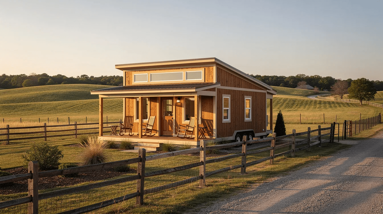 4ad1bdd5-4d17-42d7-b770-b8a52c6a6c14 - Ranch Style Homes USA A modern ranch-style tiny house with a covered front porch is situated in a picturesque rural landscape, surrounded by fencing and open pastures ideal for raising beef cattle. The scene evokes a sense of peaceful ranch living, perfect for those involved in the cattle business and livestock management.