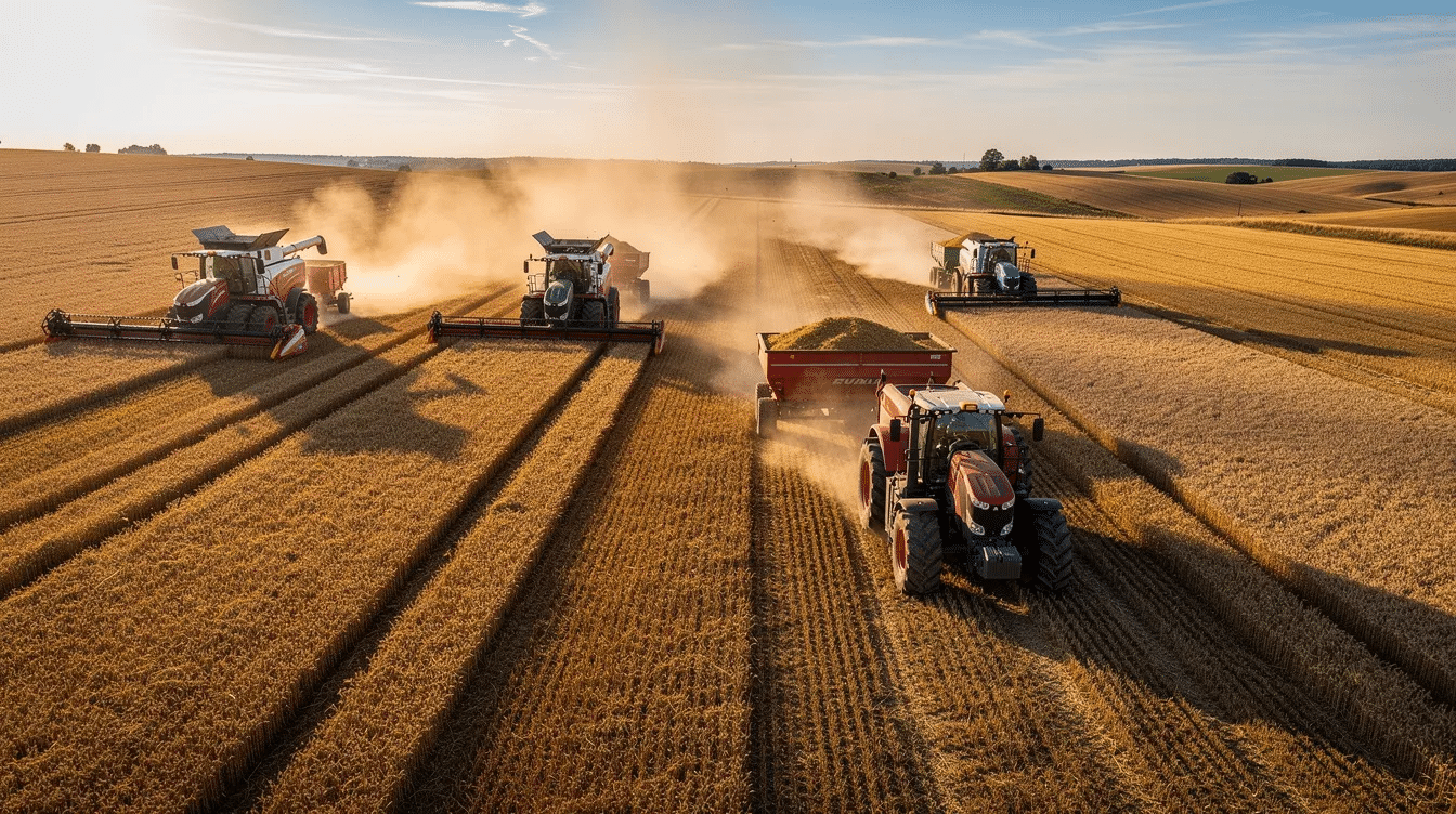 5c17400b-83d4-4bf7-ac5e-b58f0f879b53 - Ranch Style Homes USA A vibrant scene of tractors and combines busily harvesting golden wheat in a vast field, showcasing the hard work of farmers during the harvest season on their family farms. This image captures the essence of agricultural life and the rich history of farming.