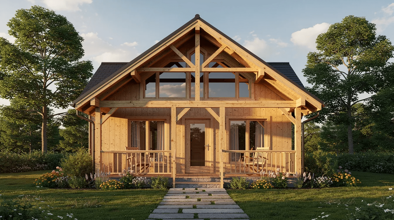 7215398f-50fe-4551-9913-f2c7ddb28975 - Ranch Style Homes USA The image depicts a charming frame house with a steep roof and large windows that allow natural light to flood the interior. This timber frame home features a unique shape, showcasing its energy-efficient design and open floor plans, making it an ideal living space for a vacation home or a cozy retreat.