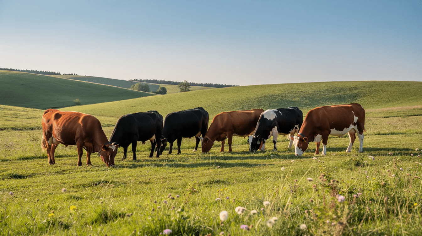 75fa43e5-9f87-4c83-867b-36b7a45a3249 - Ranch Style Homes USA A small herd of beef cattle grazes peacefully on lush green pastures, surrounded by rolling hills under a clear blue sky, showcasing the beauty of ranch life and the cattle business. The scene captures the essence of raising beef cattle and the tranquility of livestock living in harmony with nature.