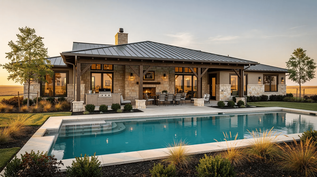 893baa49-a570-4b59-a16b-107ba8caa561 - Ranch Style Homes USA The image depicts a spacious luxury ranch home featuring a beautiful stone facade and a large covered patio that overlooks a sparkling pool, creating an inviting outdoor living space. This picturesque setting is ideal for enjoying leisurely afternoons or entertaining guests, reminiscent of the comfort found in classic literature and free ebooks.