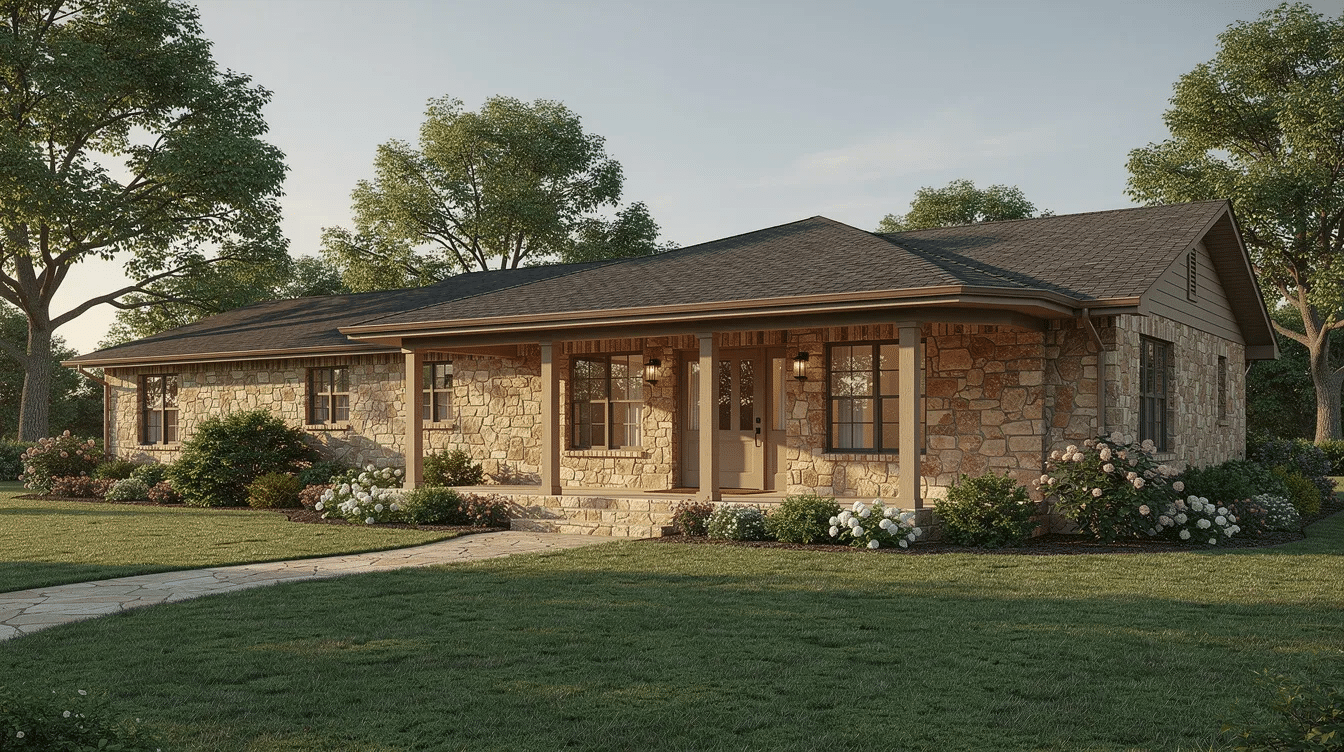 9636ccb3-8d3a-4587-b34f-4ef313b1b92b - Ranch Style Homes USA The image features a charming ranch style home with a full stone facade, low-pitched roof, and deep eaves, complemented by a covered front porch. Surrounded by mature landscaping, the home showcases a rustic charm and curb appeal, with large windows that invite natural lighting into its inviting spaces.