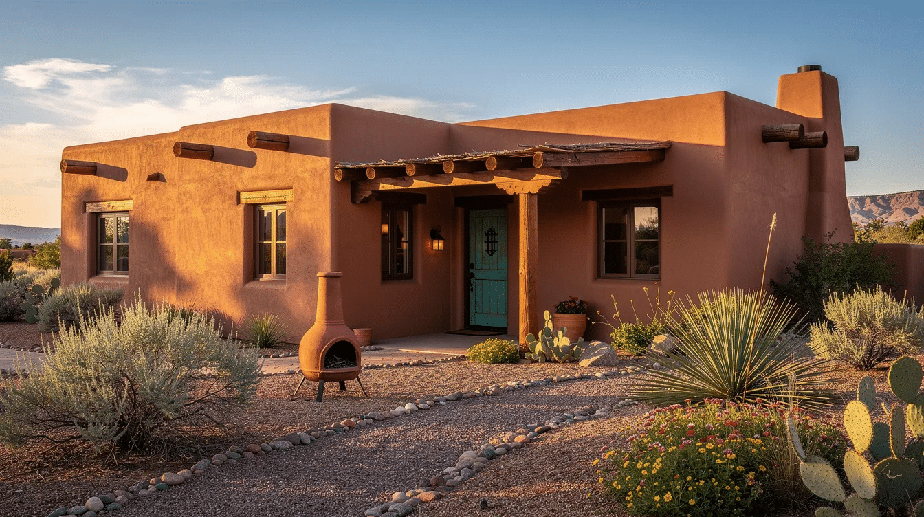 97eb1f87-1da2-43dd-bbec-20813261bc88 - Ranch Style Homes USA The image showcases a traditional pueblo style home, featuring flat roofs and adobe walls, typical of southwestern architecture in New Mexico. Surrounded by a desert landscape, the house embodies the rich cultural heritage and timeless beauty of southwest style homes, with warm colors and unique design elements.
