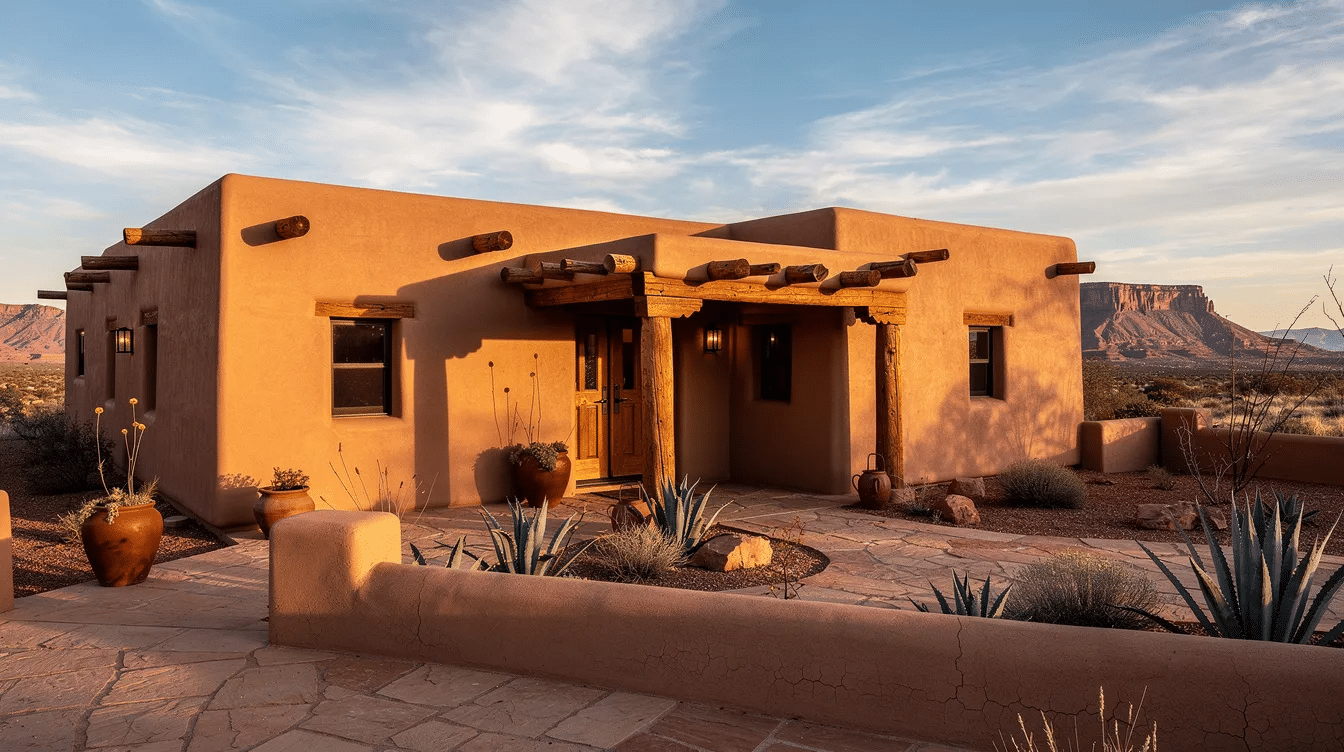 981f46d2-afbb-4472-bc7e-6cb1408aca6b - Ranch Style Homes USA The image showcases a beautiful Adobe and Pueblo style house, featuring earthy tones and traditional architecture that pays homage to the wild west. Surrounded by arid land in Arizona, this log home embodies a sense of family heritage and inspiration, inviting viewers to discover the charm of western living.