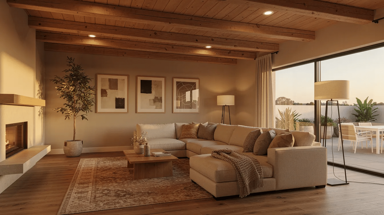a9657dff-102a-4fc4-bc03-fbf97149f460 - Ranch Style Homes USA The image depicts a cozy modern ranch-style living room featuring exposed wooden beams, warm lighting, and large windows that offer a view of a patio. This inviting space reflects a lifestyle connected to ranching and the beauty of pastoral life, perfect for relaxing after a day of managing cattle and enjoying the outdoors.