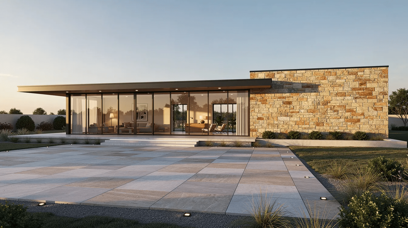 bae53cf0-7727-40f3-b25a-fb2b6881f45b - Ranch Style Homes USA This image features a contemporary stone ranch home showcasing a stone exterior with a flat stone accent wall and expansive floor-to-ceiling windows that allow for natural lighting. The outdoor patio, adorned with stone flooring, enhances the home's curb appeal and provides a charming space for entertaining.